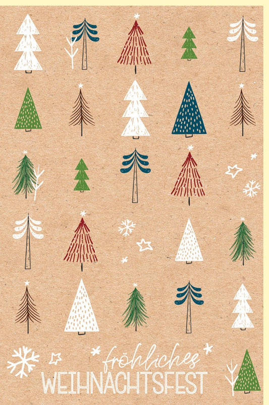 Weihnachtskarte mit Tannenbäumen und Schneeflocken auf Kraftpapier Fröhliches Weihnachtsfest stilvolle Weihnachtsgrusskarte nachhaltig