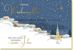 Weihnachtskarte mit verschneitem Dorf und funkelnden Sternen im Wintertraum