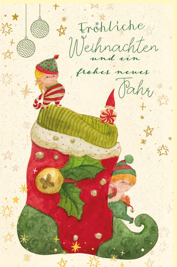 Weihnachtskarte mit Weihnachtsstrumpf und Elfen Fröhliche Weihnachten und ein frohes neues Jahr festliche Grußkarte für die Feiertage