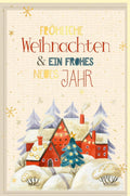 Weihnachtskarte mit winterlichem Dorfmotiv und liebevollem Schriftzug Fröhliche Weihnachten und ein frohes neues Jahr für festliche Grüße