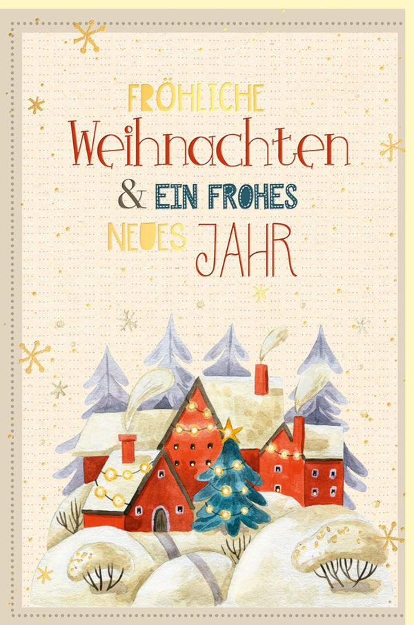 Weihnachtskarte mit winterlichem Dorfmotiv und liebevollem Schriftzug Fröhliche Weihnachten und ein frohes neues Jahr für festliche Grüße