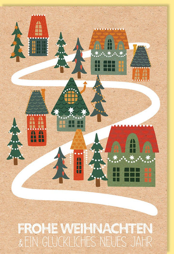 Weihnachtskarte mit winterlichem Dorfmotiv und Tannen Frohe Weihnachten und ein glückliches neues Jahr stilvolle Weihnachtsgrußkarte