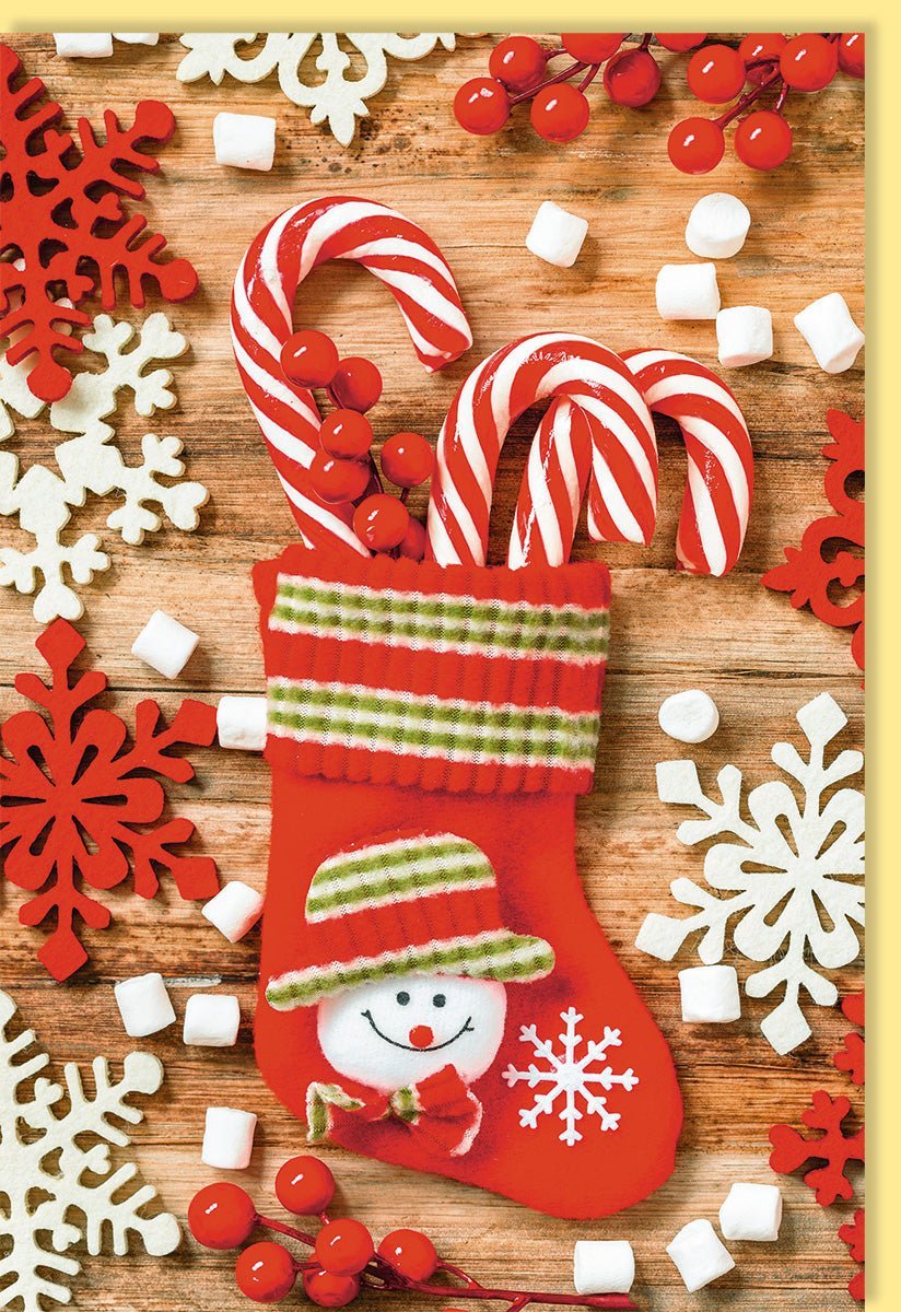 Weihnachtskarte mit Zuckerstangen & Strumpf - Festliche Fotokarte, Rot - Weißes Design, Perfekt für Advent und Feiertage, Weihnachtskarten - Traditionell
