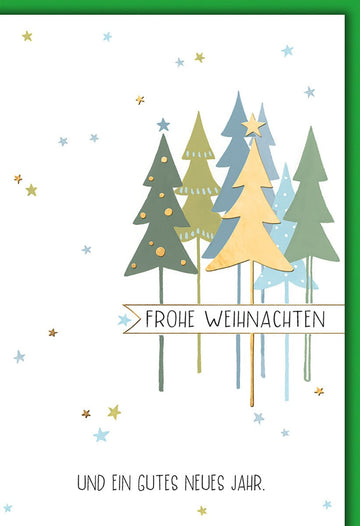 Weihnachtskarte Modern – Bunte Tannenbäume mit Sternen und minimalistischem Design