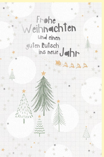 Weihnachtskarte Naturkarton Silberfolie: Tannenbäume & Rentiere, Festlicher Gruß & Neujahrswünsche, Beige mit Sternen – Frohe Weihnachten!