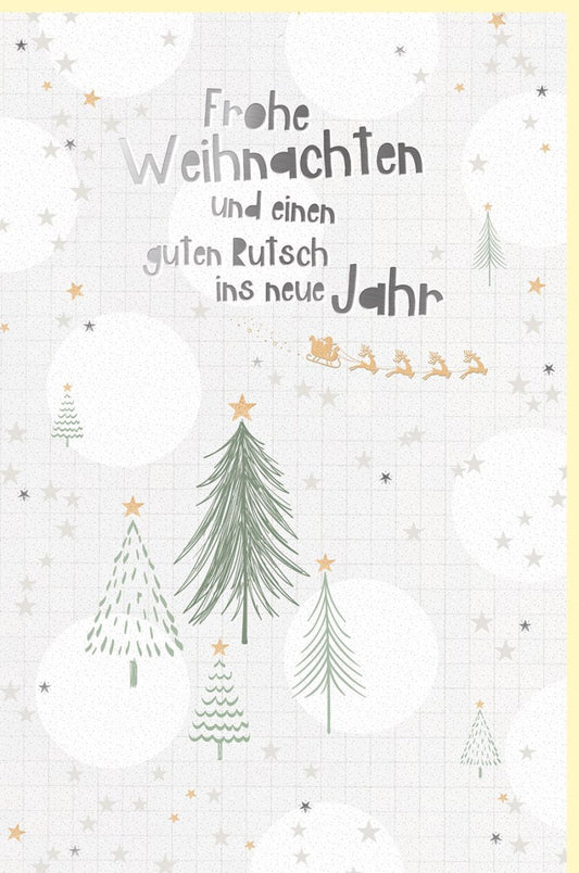 Weihnachtskarte Naturkarton Silberfolie: Tannenbäume & Rentiere, Festlicher Gruß & Neujahrswünsche, Beige mit Sternen – Frohe Weihnachten!