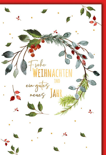Weihnachtskarte Neujahr – Aquarell Zweige mit roten Beeren und Goldakzenten