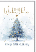 Weihnachtskarte Neujahr – Blauer Aquarellbaum mit goldenen Sternen und Schriftzug