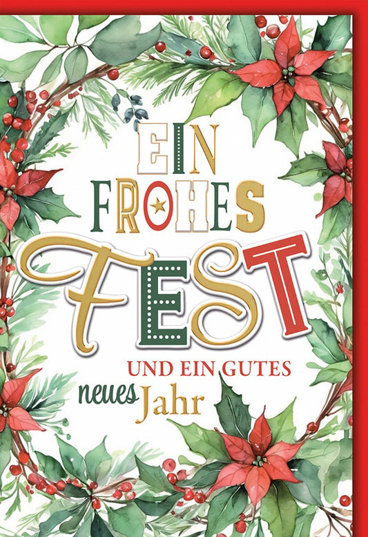 Weihnachtskarte Neujahr – Bunte Buchstaben mit Stechpalmen und Weihnachtssternen