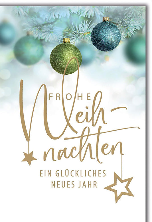 Weihnachtskarte Neujahr – Glitzernde Kugeln mit Tannenzweigen und Sternenmotiv