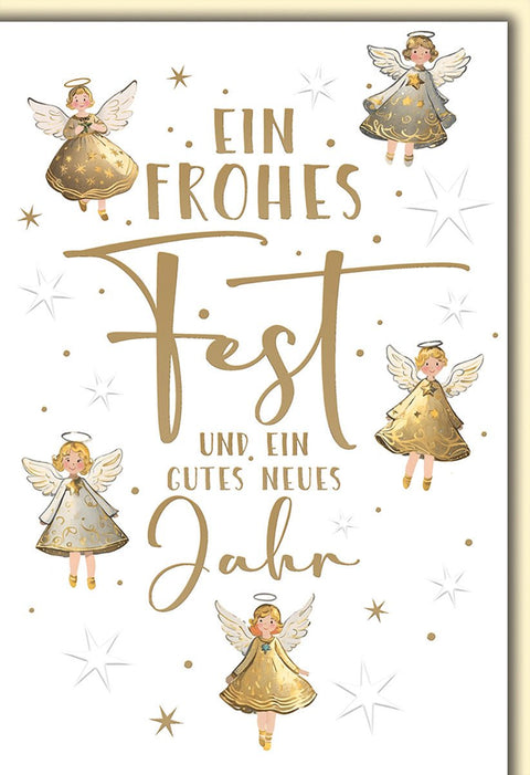 Weihnachtskarte Neujahr – Goldene Engel mit Sternen und festlichem Schriftzug