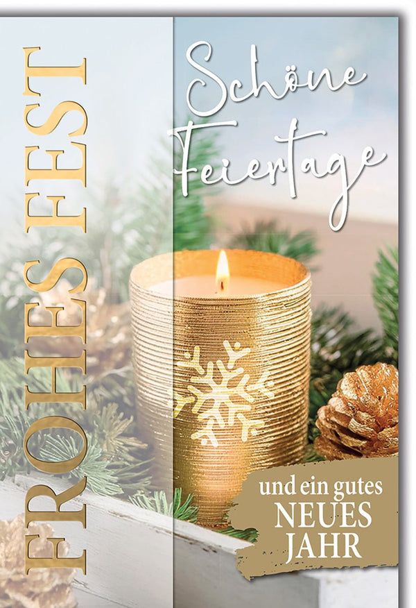 Weihnachtskarte Neujahr – Goldene Kerze mit Tannenzweigen und Schneeflocken-Motiv