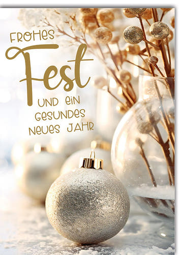 Weihnachtskarte Neujahr – Goldene Kugeln mit Frost und eleganter Schriftart