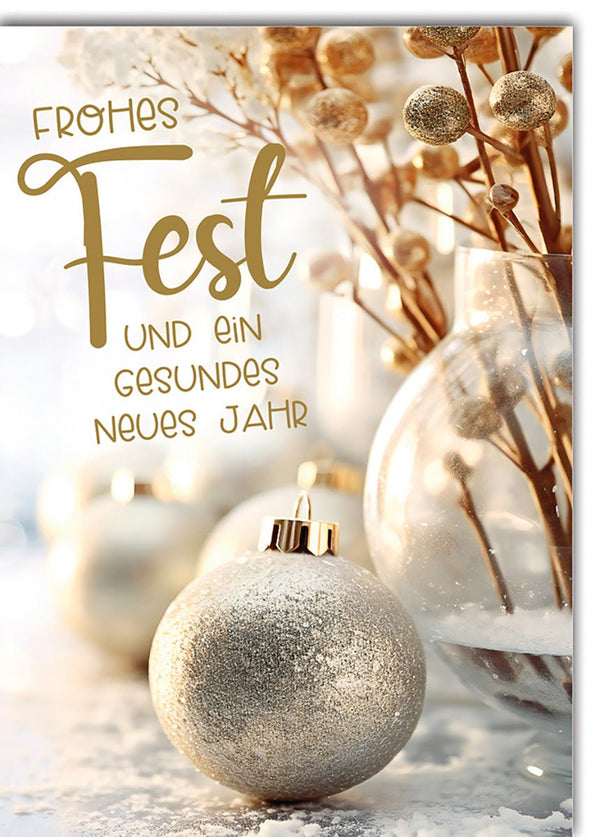 Weihnachtskarte Neujahr – Goldene Kugeln mit Frost und eleganter Schriftart
