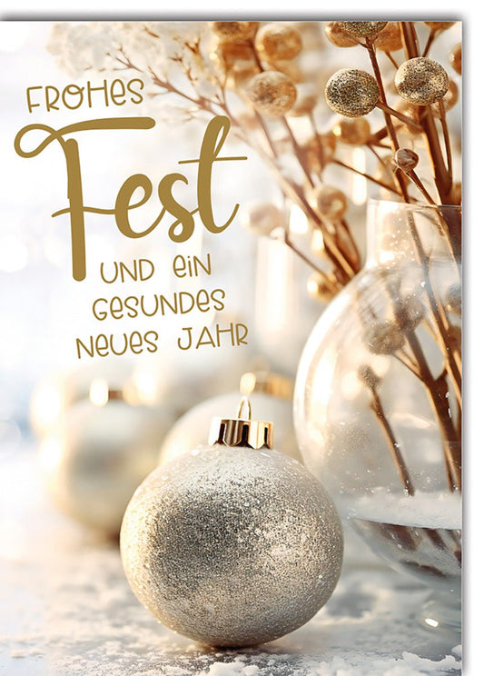 Weihnachtskarte Neujahr – Goldene Kugeln mit Frost und eleganter Schriftart