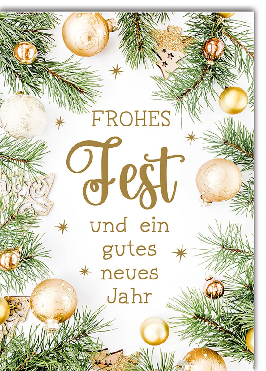 Weihnachtskarte Neujahr – Goldene Kugeln und Tannenzweige mit festlichem Schriftzug