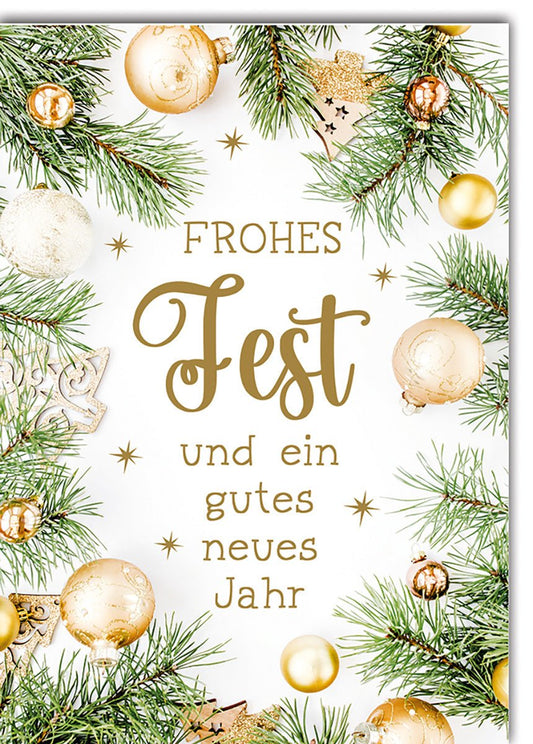 Weihnachtskarte Neujahr – Goldene Kugeln und Tannenzweige mit festlichem Schriftzug