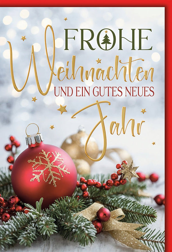 Weihnachtskarte Neujahr – Rote Kugel mit Schneeflocke und Tannenzweigen in Glanzoptik