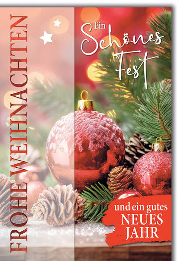 Weihnachtskarte Neujahr – Rote Kugeln mit Tannenzweigen und festlichem Glanz