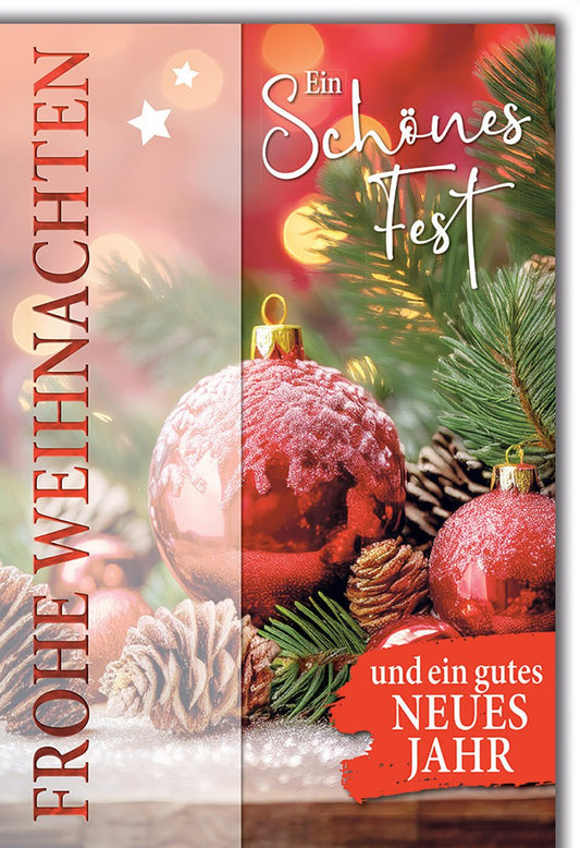 Weihnachtskarte Neujahr – Rote Kugeln mit Tannenzweigen und festlichem Glanz