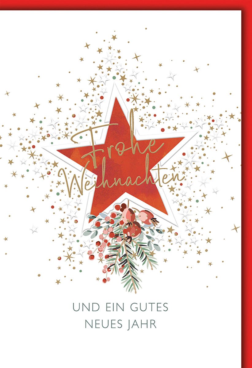 Weihnachtskarte Neujahr – Roter Stern mit Goldakzenten und festlichem Tannenzweig