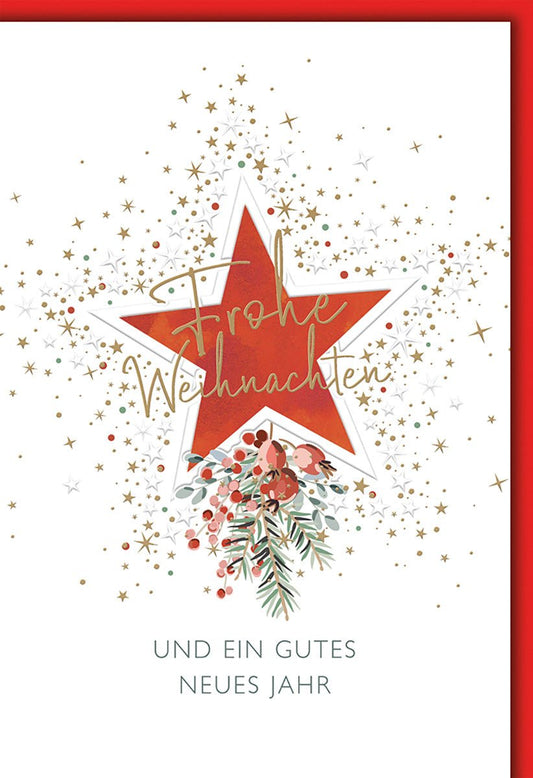 Weihnachtskarte Neujahr – Roter Stern mit Goldakzenten und festlichem Tannenzweig
