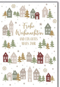 Weihnachtskarte Neujahr – Skandinavische Häuser mit Tannen und Goldakzenten