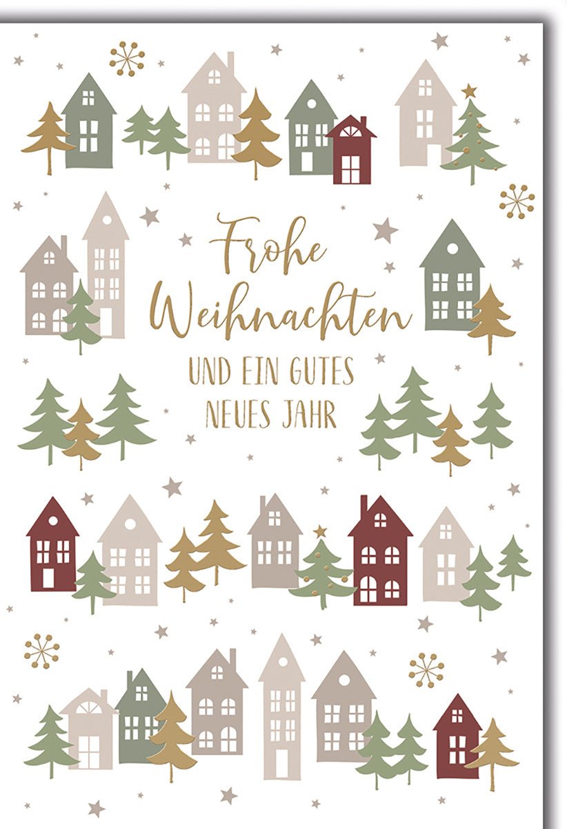 Weihnachtskarte Neujahr – Skandinavische Häuser mit Tannen und Goldakzenten