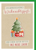 Weihnachtskarte Neujahr – Tannenbaum mit Geschenken auf Kraftpapier und Handlettering