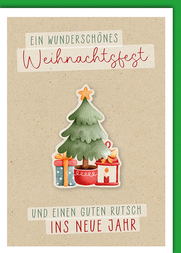 Weihnachtskarte Neujahr – Tannenbaum mit Geschenken auf Kraftpapier und Handlettering