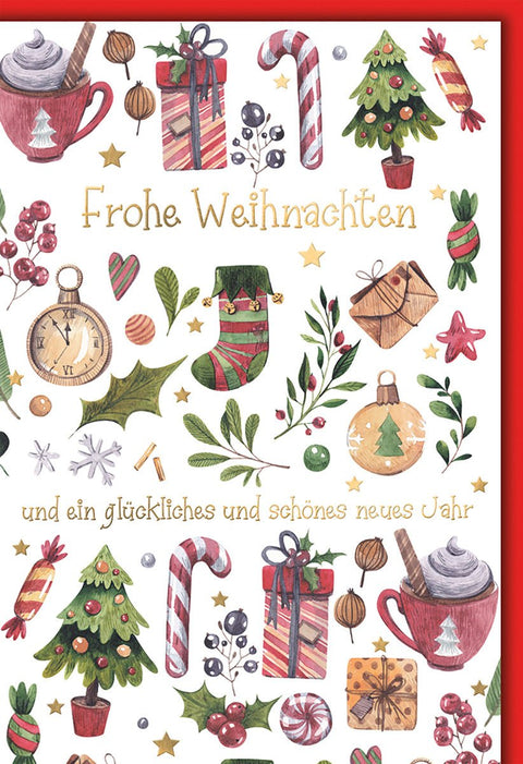 Weihnachtskarte Nostalgisch – Bunte Weihnachtsmotive mit Uhr und Zuckerstange im Vintage - Stil