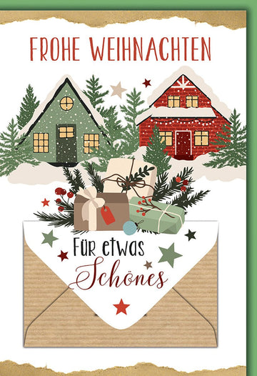 Weihnachtskarte Nostalgisch – Schneehütten mit Geschenken und Sternen im Vintage - Stil
