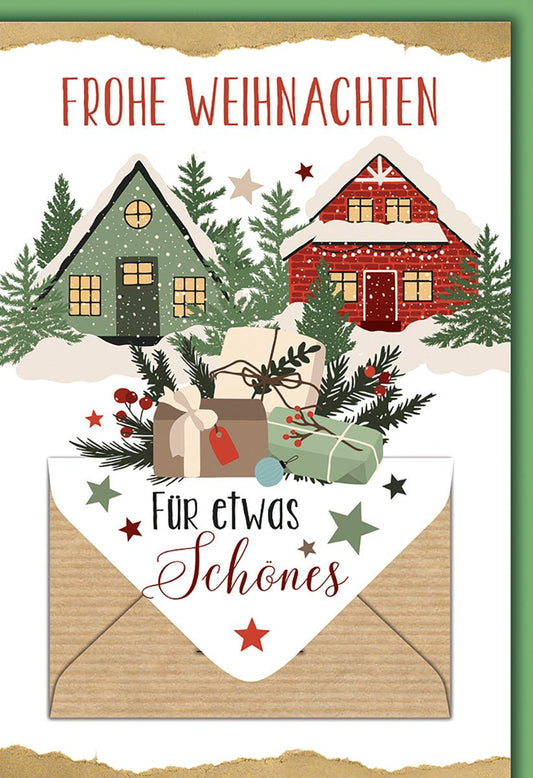 Weihnachtskarte Nostalgisch – Schneehütten mit Geschenken und Sternen im Vintage - Stil