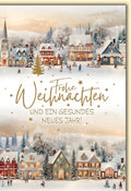 Weihnachtskarte Nostalgisch – Winterliches Dorf mit Schneelandschaft und Sternenhimmel