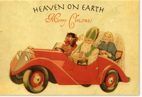 Weihnachtskarte Retro "Himmel auf Erden" - Nostalgisches Vintage Auto mit Nikolaus & Engel, Traditionelle Grußkarte für besinnliche Weihnachten