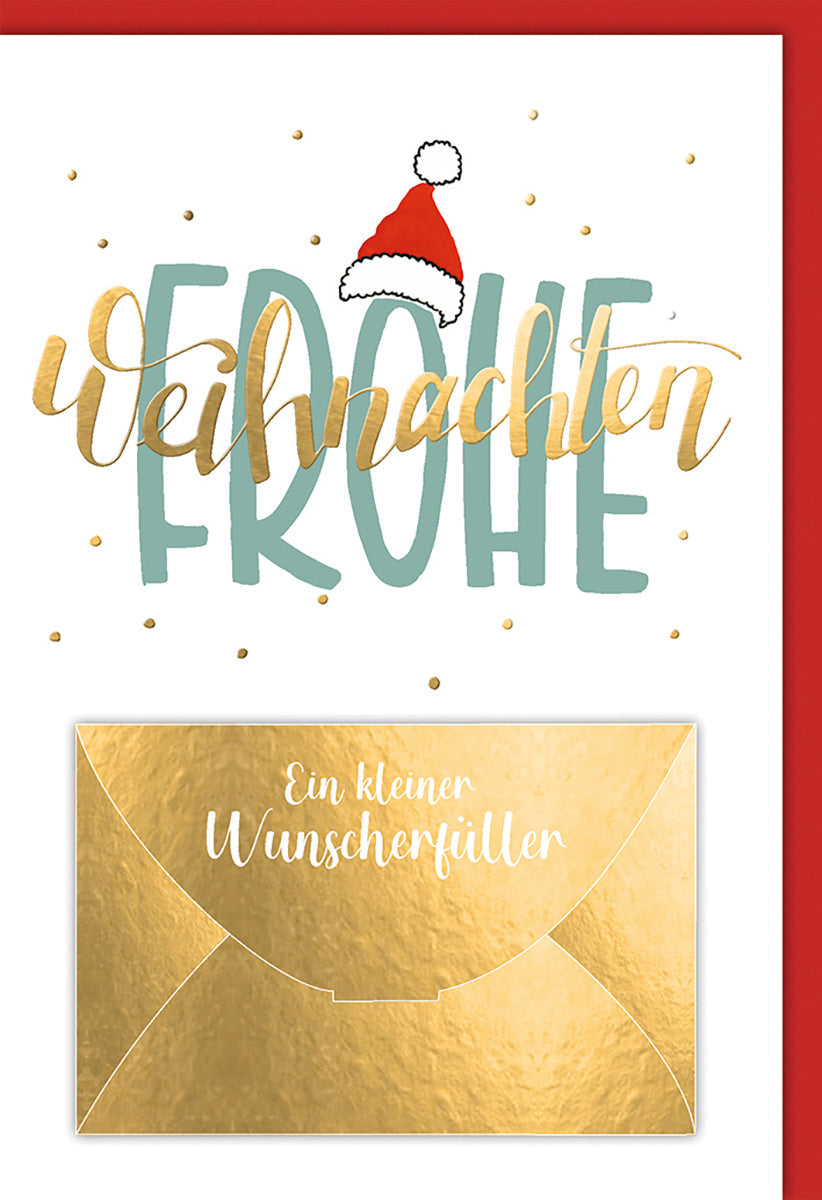 Weihnachtskarte Traditionell – Frohe Weihnachten mit Goldakzenten und roter Mütze