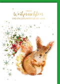 Weihnachtskarte Tiere – Aquarell Eichhörnchen mit Beeren und Schneeflocken-Design
