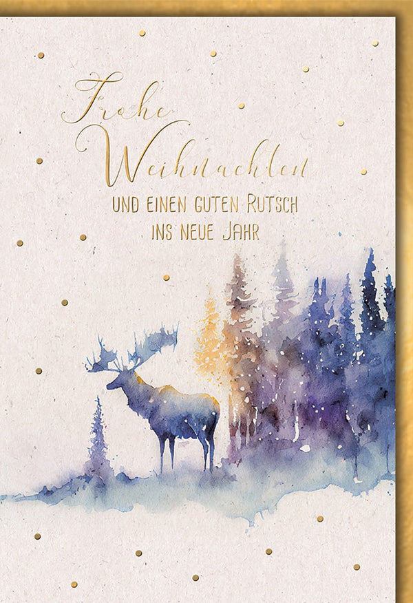 Weihnachtskarte Tiere – Aquarell Hirsch im Winterwald mit Goldakzenten und Grußtext