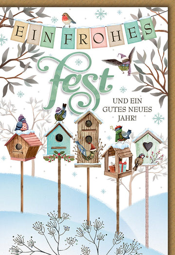 Weihnachtskarte Tiere – Bunte Vogelhäuschen mit Wintervögeln und Schneeflocken - Design