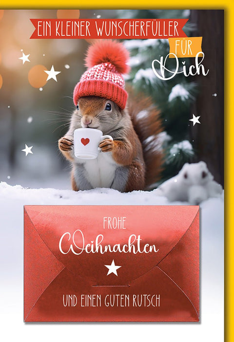 Weihnachtskarte Tiere – Eichhörnchen mit Mütze und Tasse im Schnee, humorvoller Stil