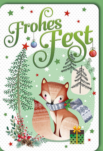 Weihnachtskarte Tiere – Fuchs mit Schal und Tannenbäumen in festlichem Design
