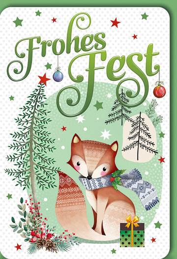 Weihnachtskarte Tiere – Fuchs mit Schal und Tannenbäumen in festlichem Design