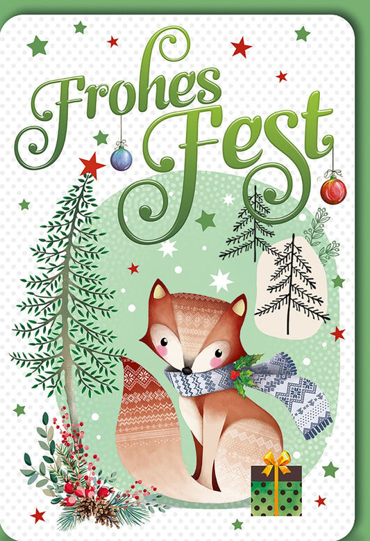 Weihnachtskarte Tiere – Fuchs mit Schal und Tannenbäumen in festlichem Design