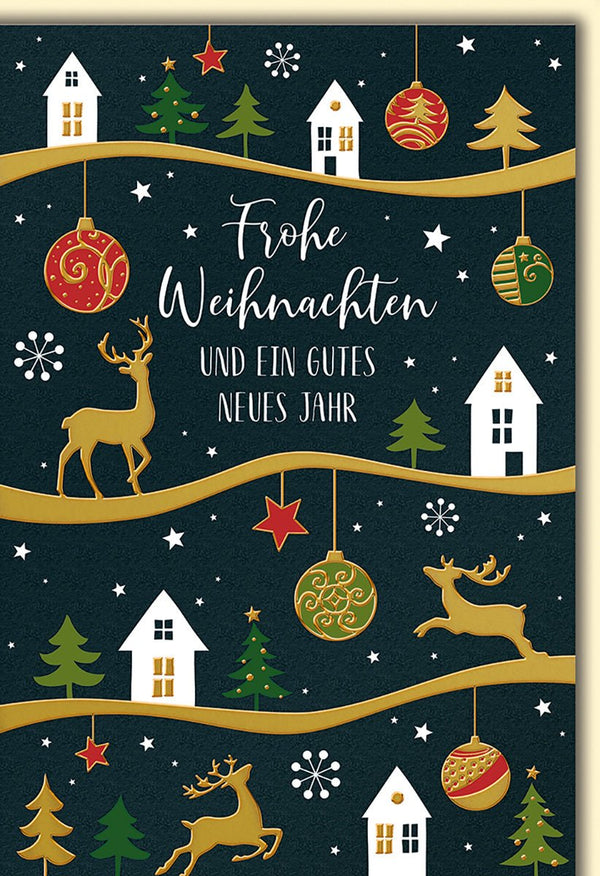 Weihnachtskarte Tiere – Goldene Rentiere mit Weihnachtskugeln und Schneelandschaft