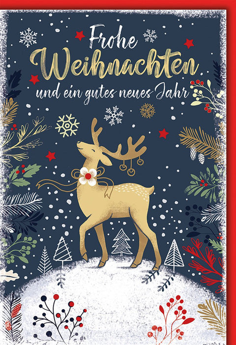 Weihnachtskarte Tiere – Goldener Hirsch im Schneefall mit festlichem Blumenkranz