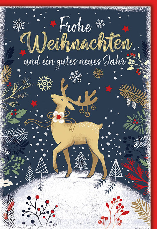 Weihnachtskarte Tiere – Goldener Hirsch im Schneefall mit festlichem Blumenkranz