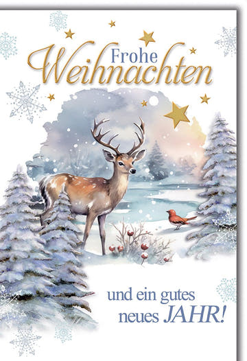 Weihnachtskarte Tiere – Hirsch im Winterwald mit Rotkehlchen und Schneeflocken
