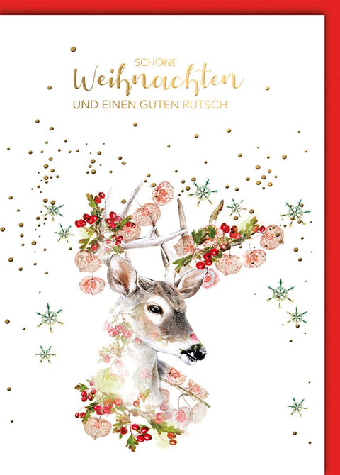 Weihnachtskarte Tiere – Hirsch mit Beerenkranz und goldenen Schneeflocken
