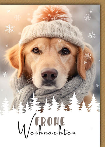 Weihnachtskarte Tiere – Hund mit Mütze und Schal im Winterwald - Design