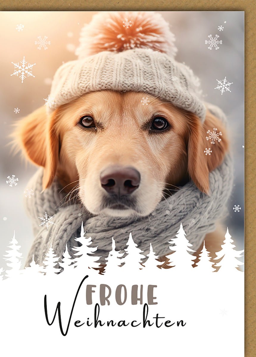 Weihnachtskarte Tiere – Hund mit Mütze und Schal im Winterwald - Design